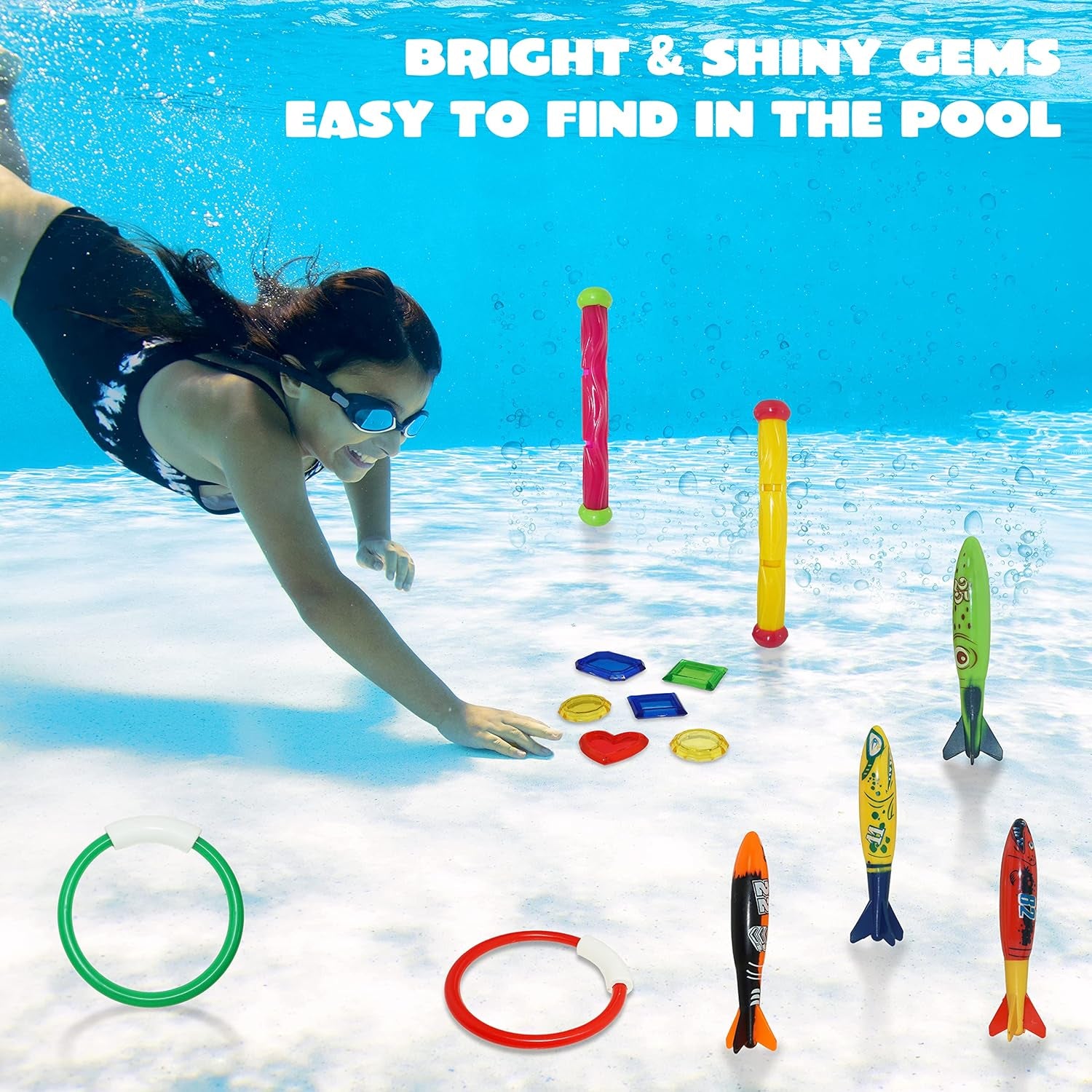 18Pcs Diving Pool Toys for Kids, Swimming Pool Toy with Storage Bag Includes 4 Pool Rings, 4 Diving Sticks, 4 Bandits, 6 Treasures Underwater Swim Pool Games for Ages 8-12