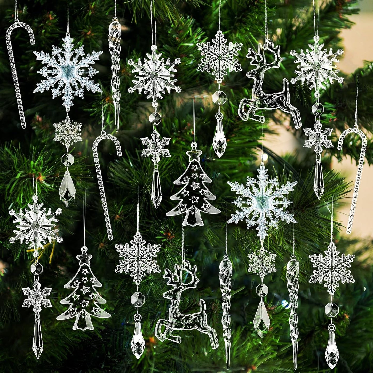 18Pcs Christmas Ornaments Snowflakes Decorations - Hanging Acrylic Crystal Christmas Decorations Icicle Drop Crystal Decorations for Christmas Tree New Year Party