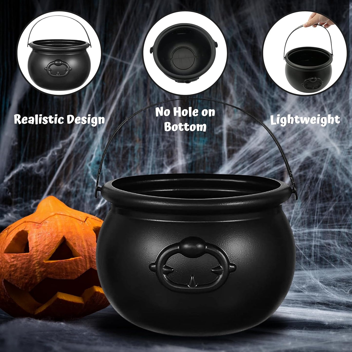 7.5" Halloween Plastic Cauldron, Black Candy Bowl, Large Witch Cauldron Pot Bucket for Halloween Decorations Trick or Treat Holder, Party Supplies Centerpiece