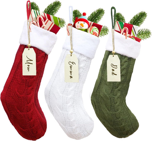 Knit Christmas Stockings Set of 3, 18 Inch Large Christmas Stocking with Plush Faux Fur and Gift Tag, Green Red and White Stocking Rustic Xmas Stockings for Fireplace Christmas Tree Decor