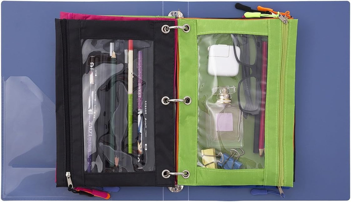 Binder Pencil Pouch with Zipper Pulls, Pencil Case with Rivet Enforced 3 Ring, 10 Pack 5 Colors