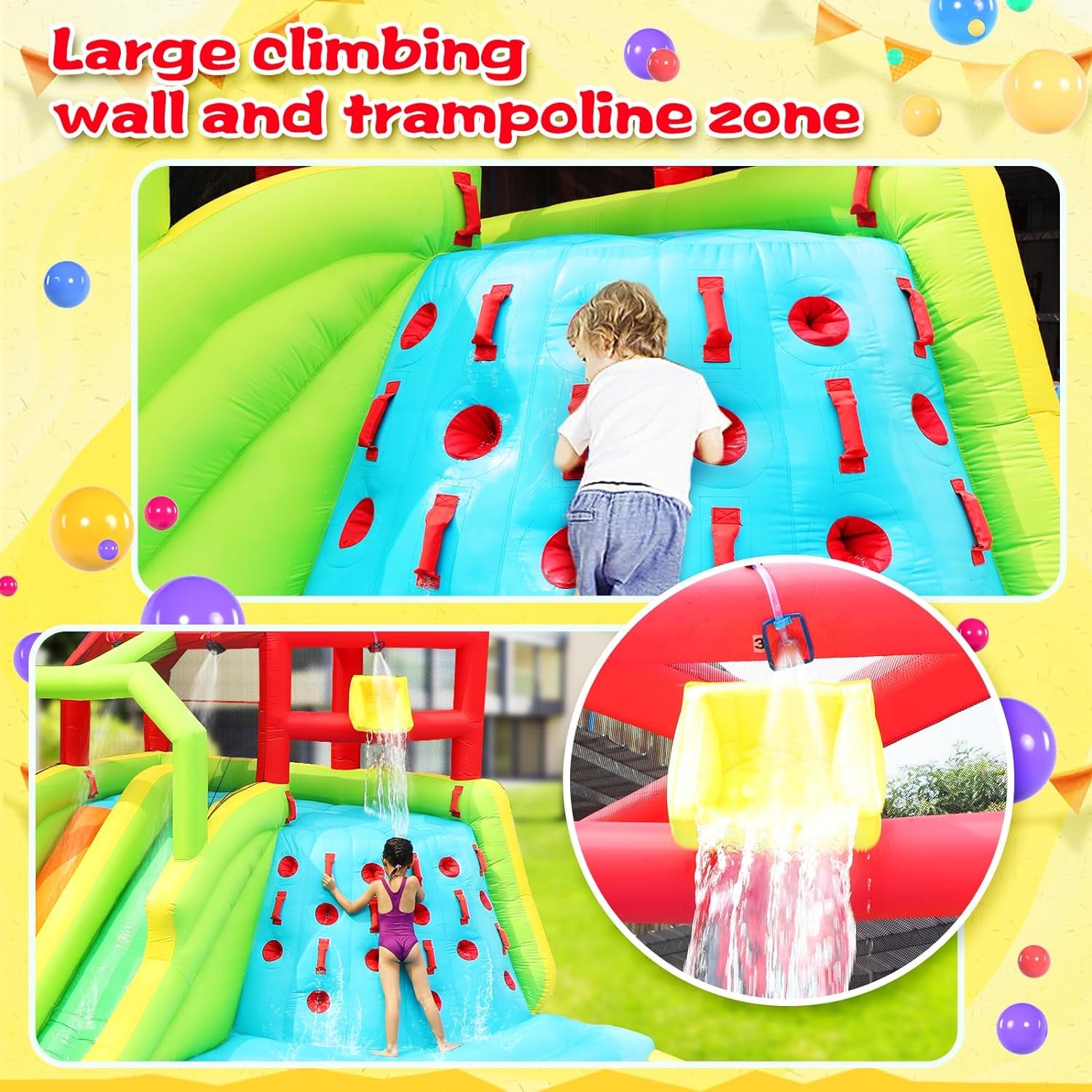 Inflatable Water Slide Park with Splash Pool Climb the Wall, 3 Inflatable Sport Balls and 4 Water Guns, Water Slide with Air Blower