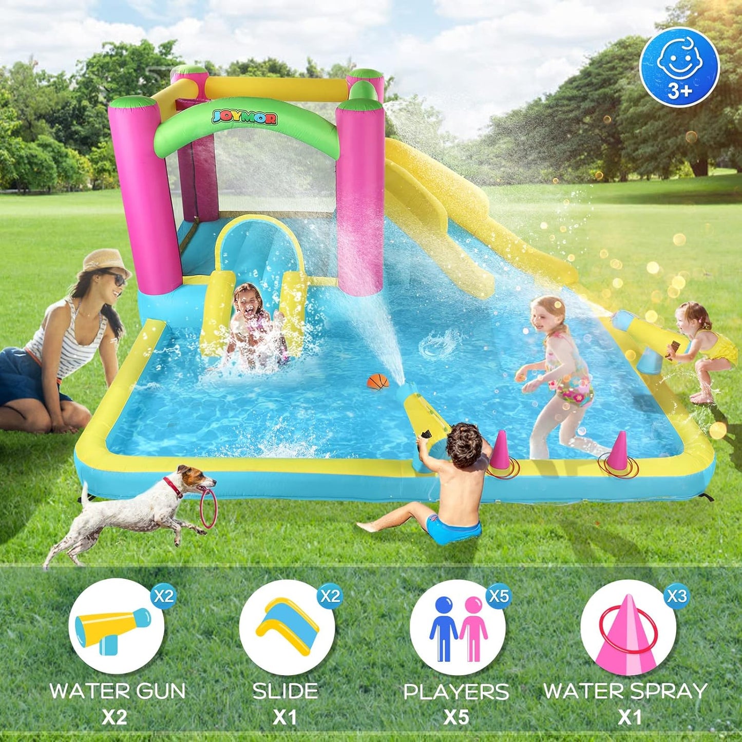 Inflatable Bounce House with Double Water Slide for Kids Toddler Age 3-10, Splash Pool Water Guns Ring-Toss Game for Outdoor Backyard Fun Water Toys Indoor Bouncy Castle with Air Blower