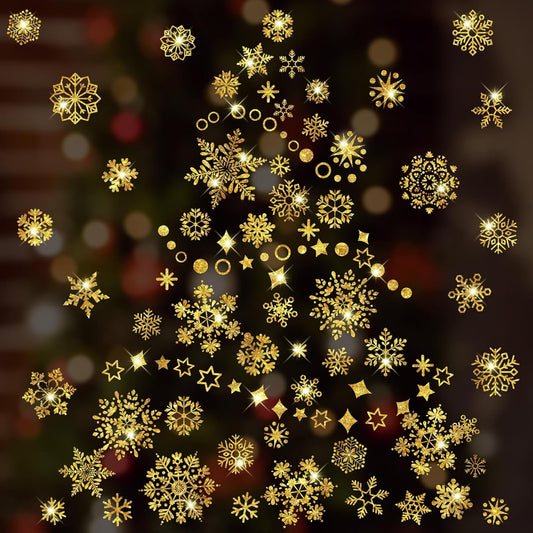 Gold Glitter Christmas Snowflakes Window Clings Reusable 8 Sheets Large Medium Small Snowflakes Christmas Window Stickers Cute Window Decor, Various Different Snowflakes for Xmas Party