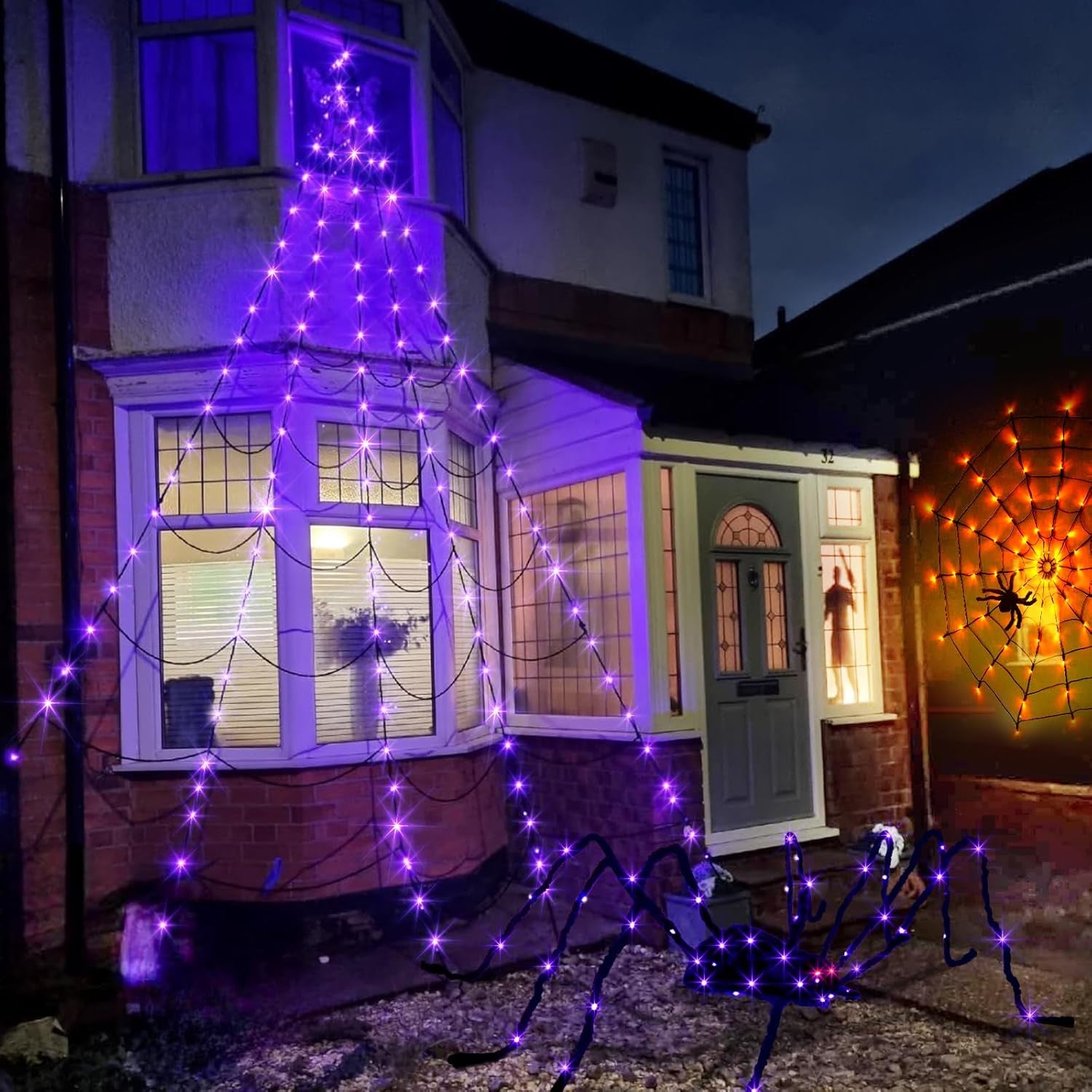 Halloween Decorations Outdoor Giant Spider Web Lights with 135 LED Purple & Orange Lights, outside Huge Lighted Black Spider Web Halloween Outdoor Light for Yard Party Haunted House Decor