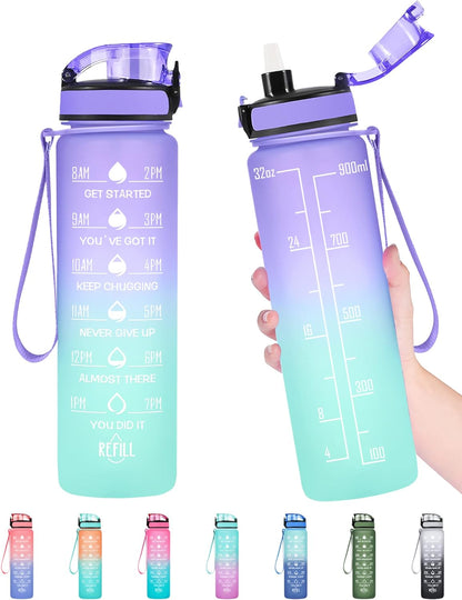 32 Oz Water Bottle, Leakproof BPA & Toxic Free, Motivational Water Bottle with Times to Drink and Straw, Fitness Sports Water Bottle with Strap for Office, Gym, Outdoor Sports, Gray-Black