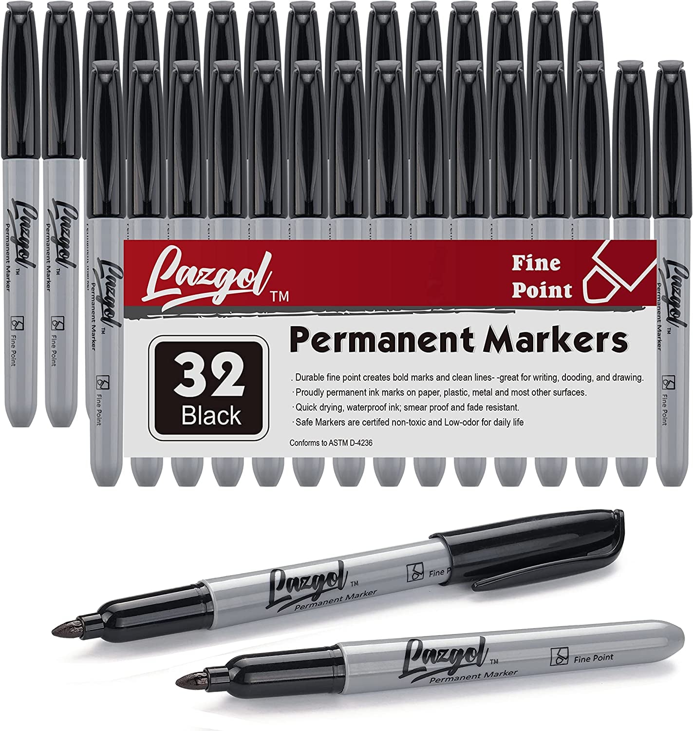 Permanent Markers Bulk, 32 Pack Black Permanent Marker Set, Fine Tip, Waterproof Markers, Premium Smear Proof Pens, Waterproof, Quick Drying, Office Supplies for School, Office, Home