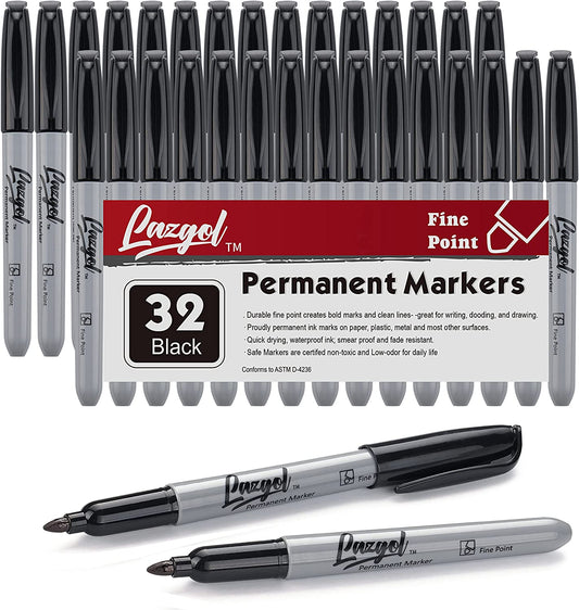 Permanent Markers Bulk, 32 Pack Black Permanent Marker Set, Fine Tip, Waterproof Markers, Premium Smear Proof Pens, Waterproof, Quick Drying, Office Supplies for School, Office, Home