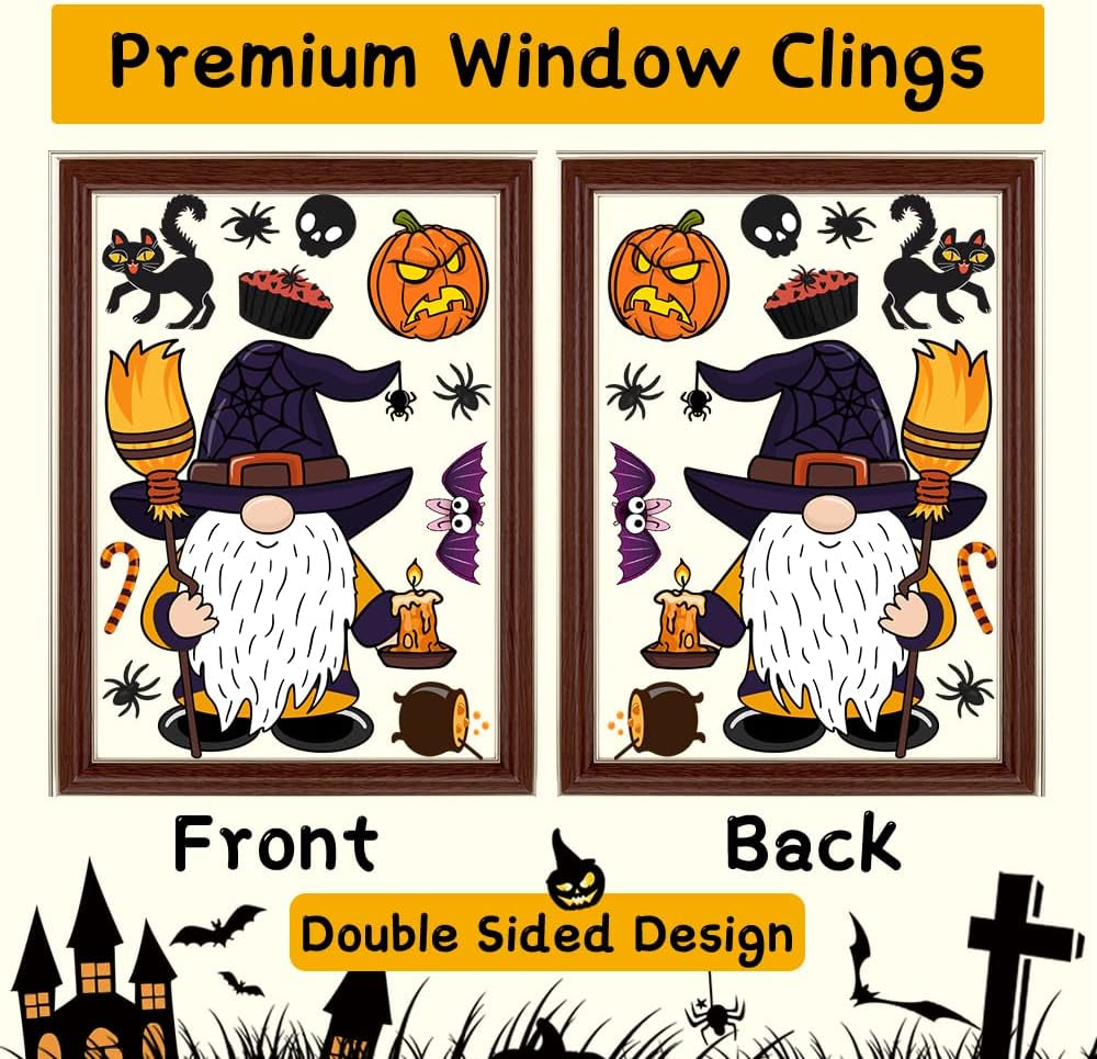 Halloween Window Clings Decals,Halloween Window Glass Decorations with Cute Gnome for Party Supplies(Gnome)