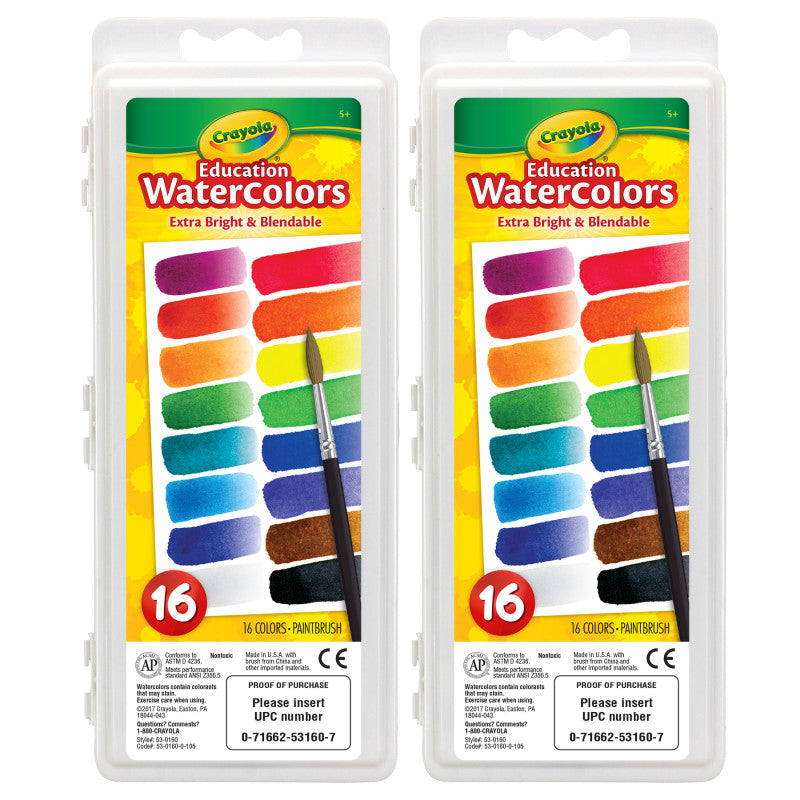 Education Oval Pans Watercolors Set, 16 Colors, Pack of 2