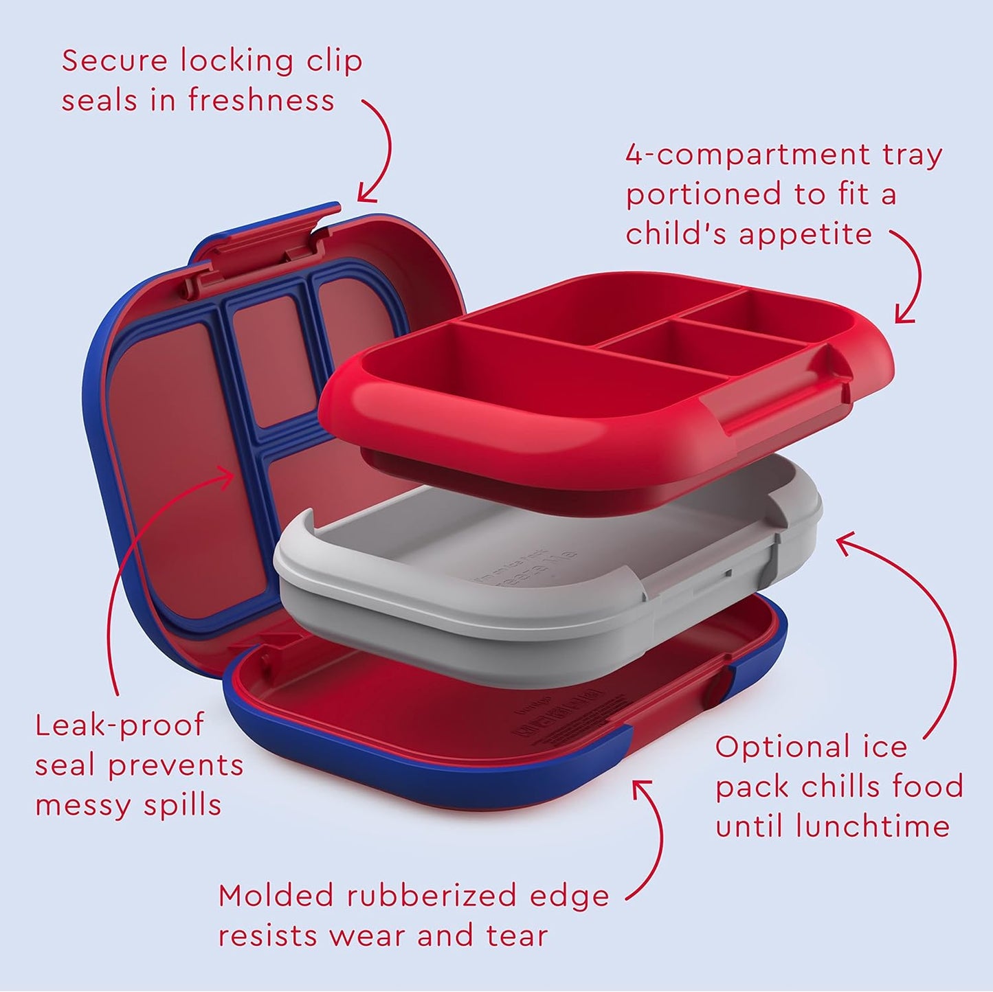 ® Kids Chill Leak-Proof Lunch Box - Included Reusable Ice Pack Keeps Food Cold; 4-Compartment Bento Lunch Container; Microwave & Dishwasher Safe; 2 Year Manufacturer Warranty (Red/Royal)