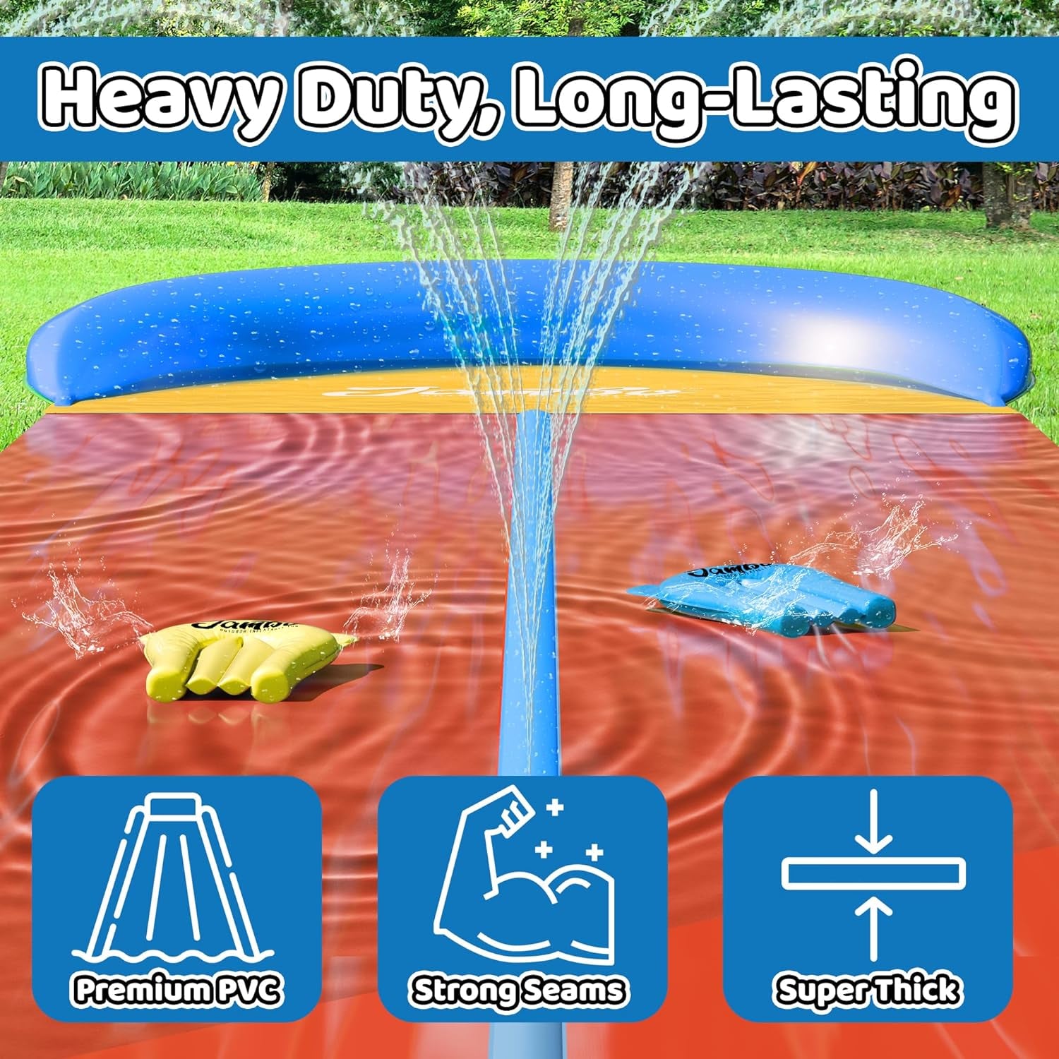 40 Ft 3XL Slip Splash and Slide with Inflatable Crash Pad (Double Lane, 40Ft 3XL Mega Slide), Heavy Duty Water Slide Splash Mat Outdoor Water Sprinkler