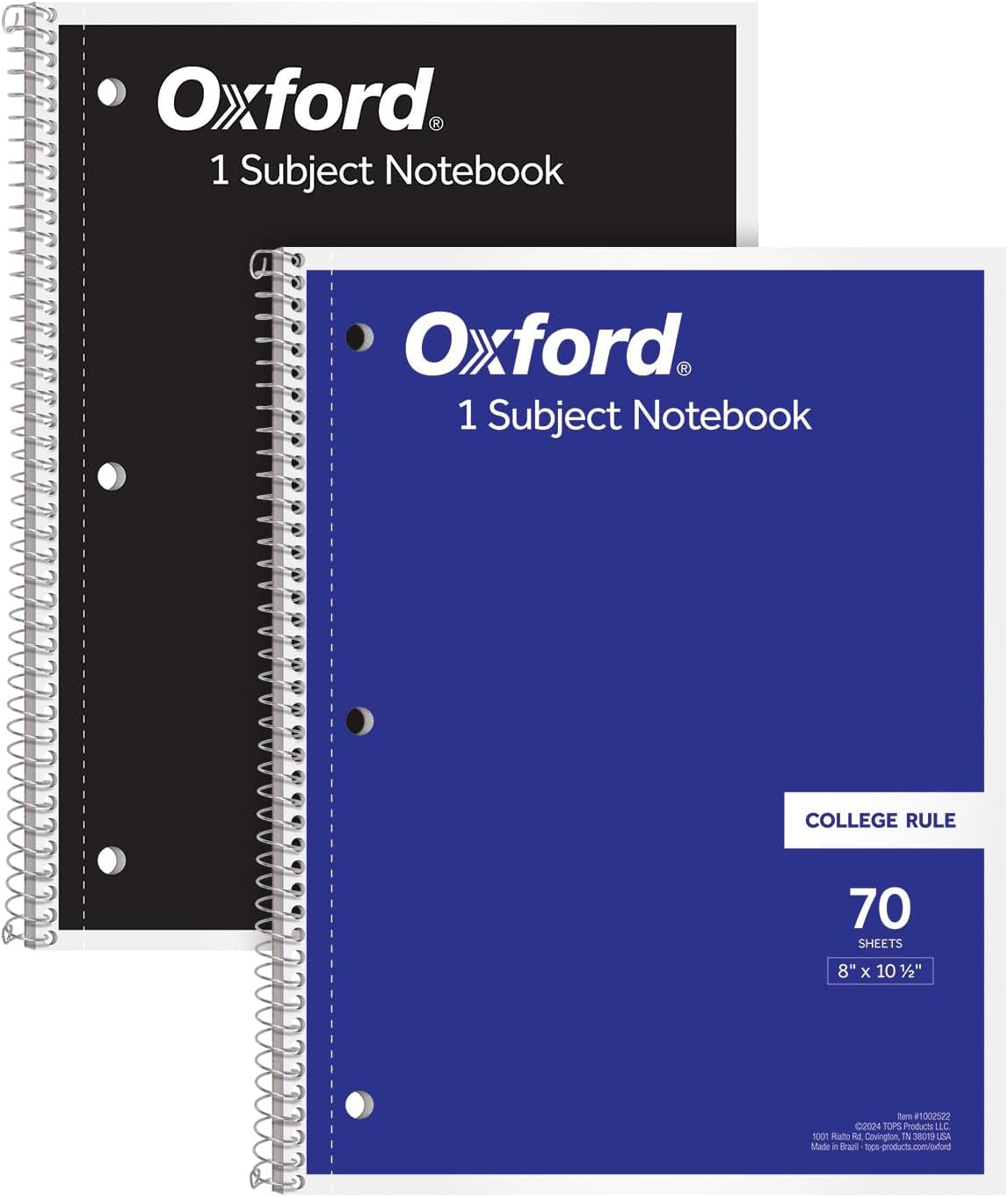 Spiral Notebooks, 1-Subject for School, College Ruled Paper, 70 Sheets, 8 X 10.5 Inches, Black, Blue, 2 Pack (1002522)