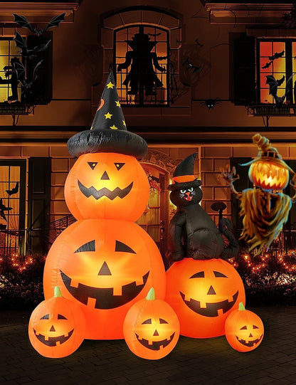 6 FT Halloween Inflatable Decorations Spooky Ghost Pumpkin Lighted and Witch'S Cat, Halloween Decorations Outdoor Inflatables Pumpkin Combo with Build-In LED Blow up Inflatables for Yard Garden