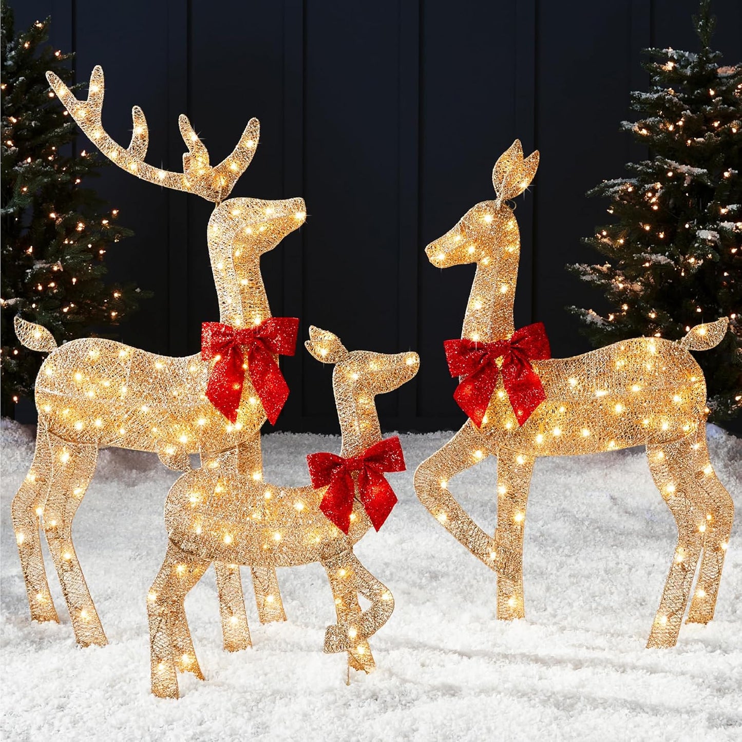 4Ft 3-Piece 2D Lighted Christmas Deer Family Set, Large Outdoor Yard Reindeer Holiday Decoration with 175 LED Lights, Stakes, Zip Ties - White