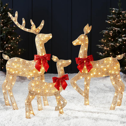 4Ft 3-Piece 2D Lighted Christmas Deer Family Set, Large Outdoor Yard Reindeer Holiday Decoration with 175 LED Lights, Stakes, Zip Ties - Gold