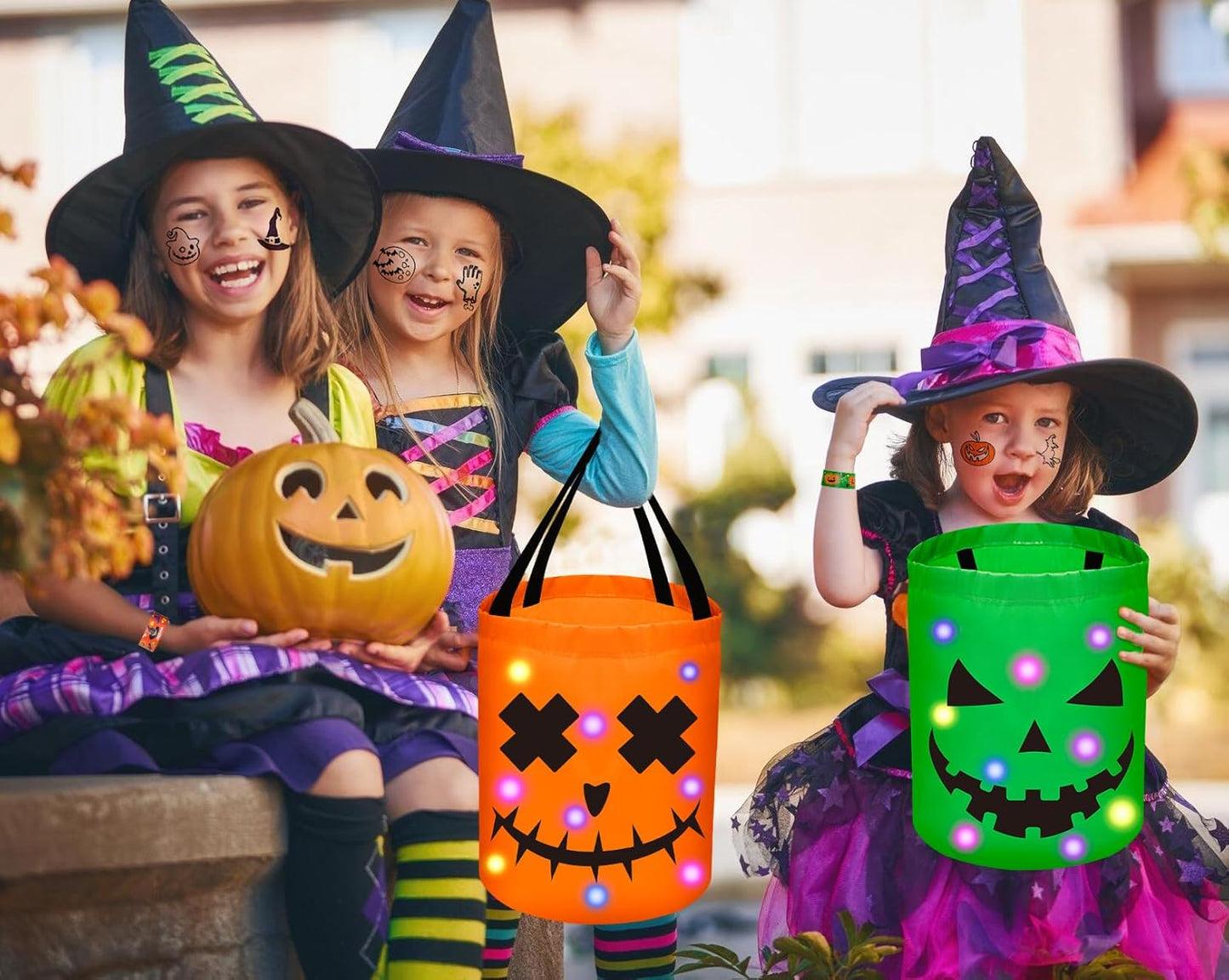 4Pcs Halloween Trick or Treat Bucket Candy Bags - LED Light up Pumpkin Basket Gift for Kids with Bracelets Stickers