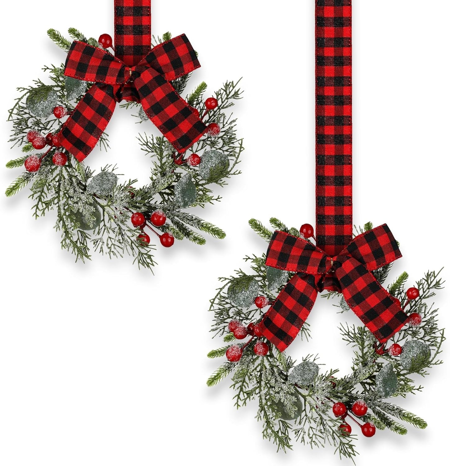 2 Pcs 9" Small Christmas Wreath Mini Cabinet Wreaths for Kitchen Christmas Red Berry with Red and Black Plaid Bow Farmhouse Wreath for Holiday Christmas Party Decorations