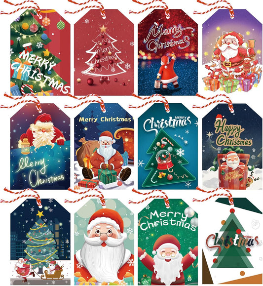 120 Pcs Christmas Gift Tags, Christmas Hanging Tag Label for Christmas DIY Decorations Present Wrapping, with 20M / 66Ft Christmas Ribbons, Gift Decoration, 12 Styles