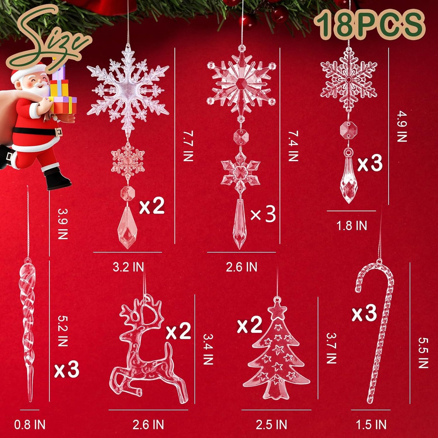 18Pcs Christmas Ornaments Snowflakes Decorations - Hanging Acrylic Crystal Christmas Decorations Icicle Drop Crystal Decorations for Christmas Tree New Year Party