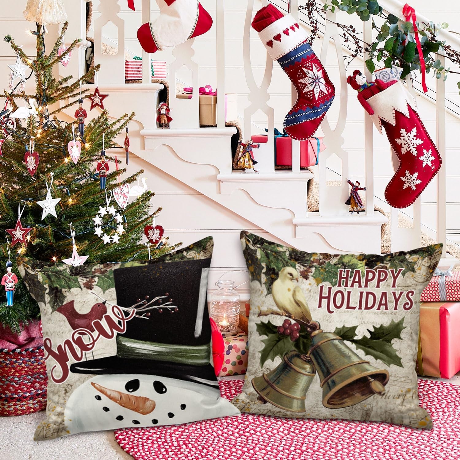 Vintage 26X26 Christmas Throw Pillow Covers Set of 4, Retro Santa Claus Snowman Decorative Holiday Pillow Case Cushion Cover 26 X 26 for Indoor Home Bedroom Sofa Couch Xmas Decor