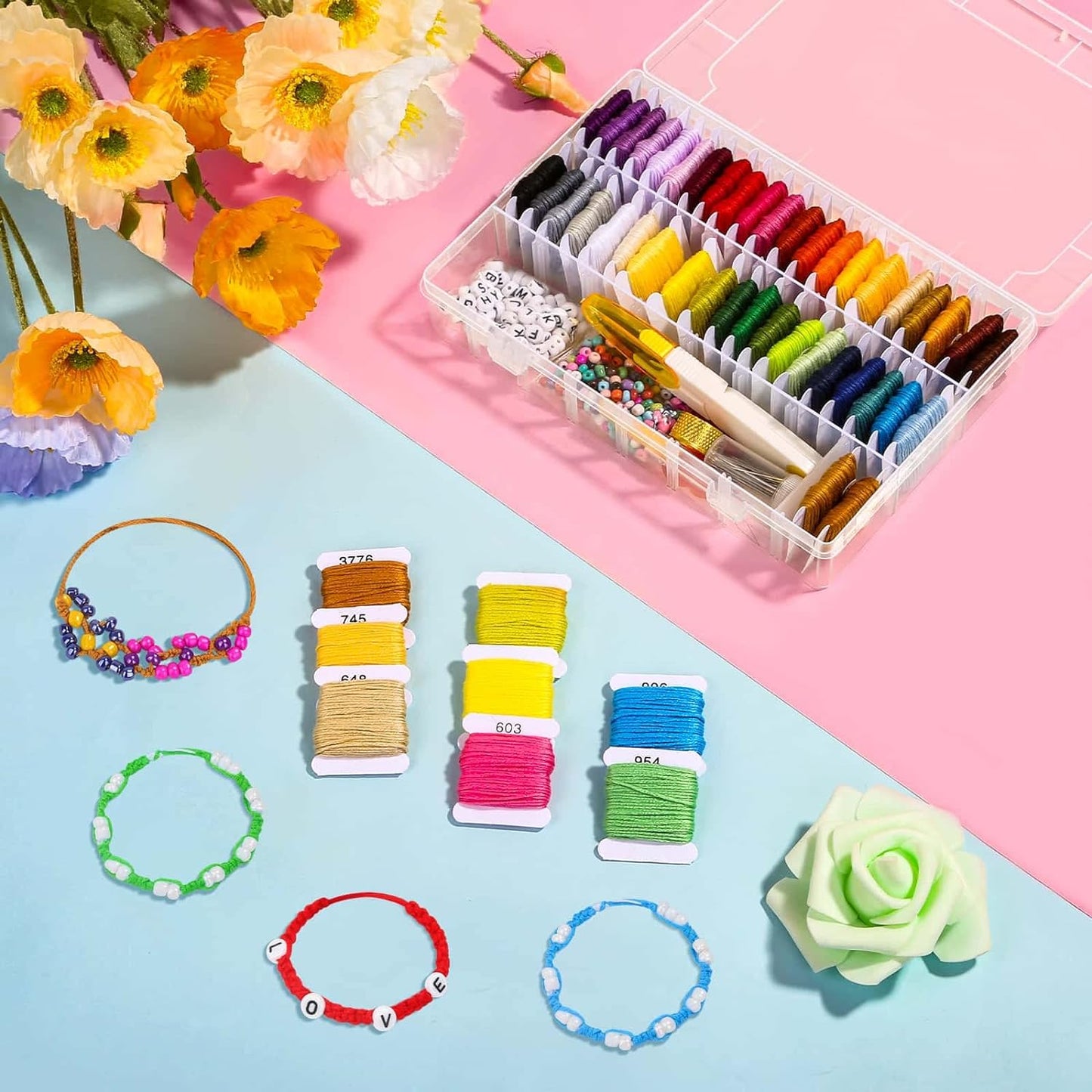 488Pcs String Bracelet Making Kit, Friendship Bracelet String Kit with 50 Skeins Embroidery Floss Cross Stitch Thread, 400Pcs Friendship Bracelet Beads, 37Pcs Embroidery Tools