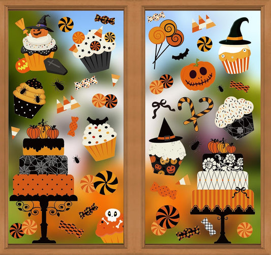 Halloween Window Cling Stickers Pumpkin Cake Cupcake Candy Double-Sided Reusable Window Decals for Birthday Baby Shower Party Home Classroom Decor, 4 Sheets