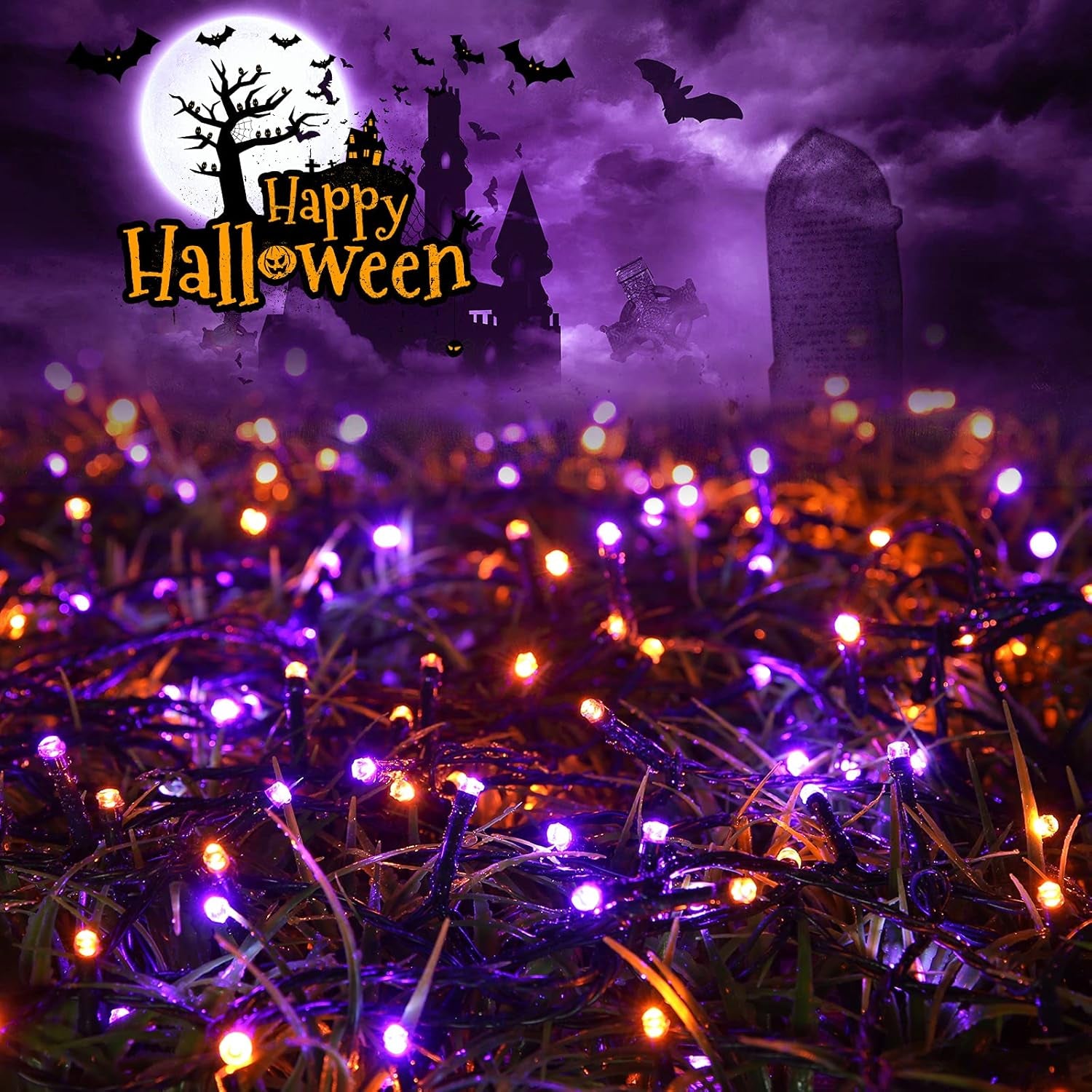 Orange Purple Halloween Solar String Lights 72Ft X 2 Pack 200 LED 8 Modes Waterproof Solar Fairy Lights for Garden, Patio, Fence, Balcony, Outdoors