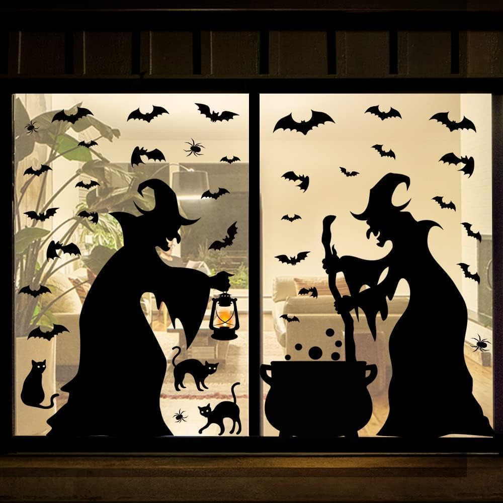 Halloween Decorations Window Clings Decor, Extra Large Witches with Black Cat Bats Spider Cauldron Silhouette Halloween Window Stickers Decals Indoor Outdoor, School Home Office Party, 3 Sheets
