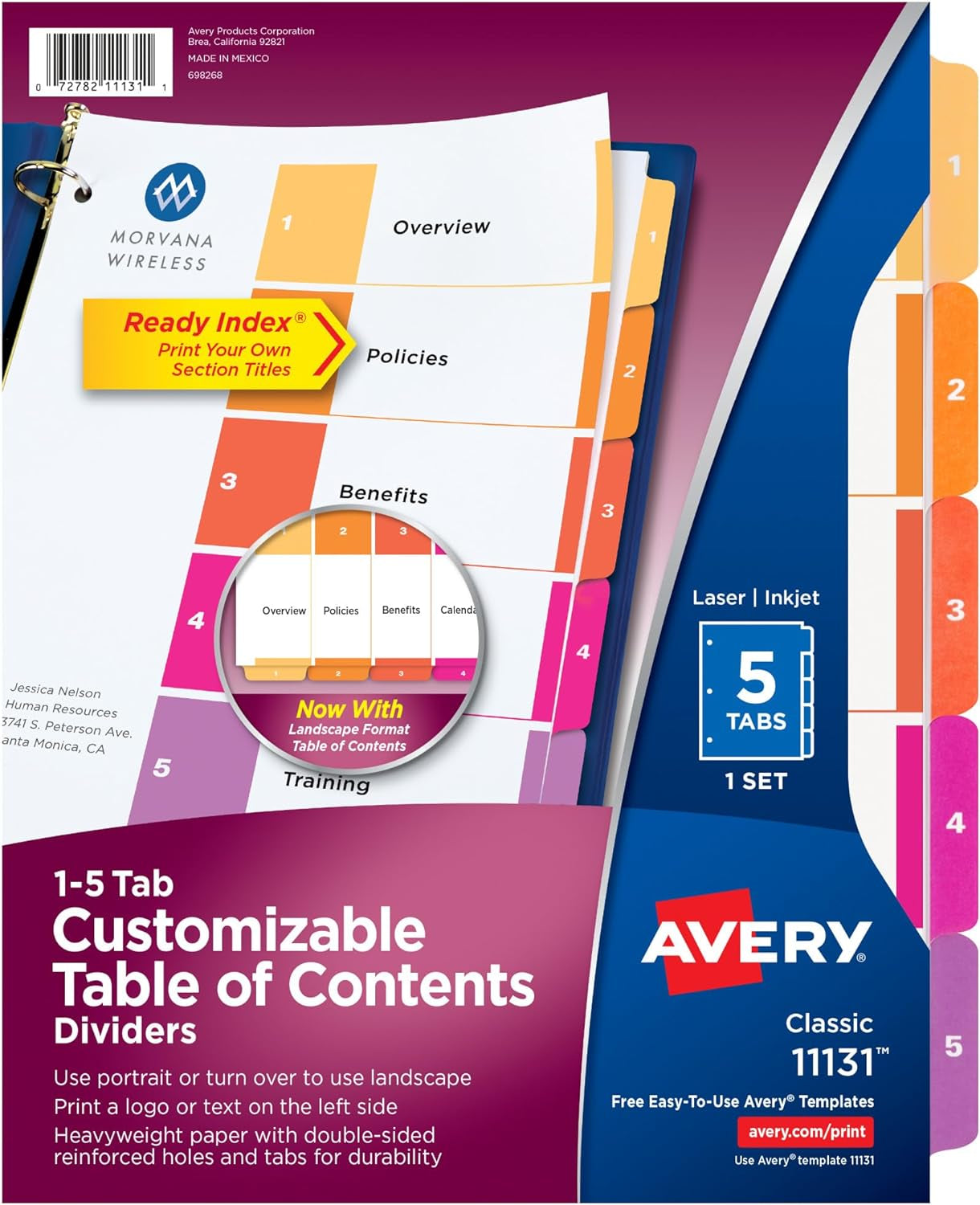 12 Tab Dividers for 3 Ring Binders, Customizable Table of Contents, Multicolor Tabs, 6 Sets (11196)