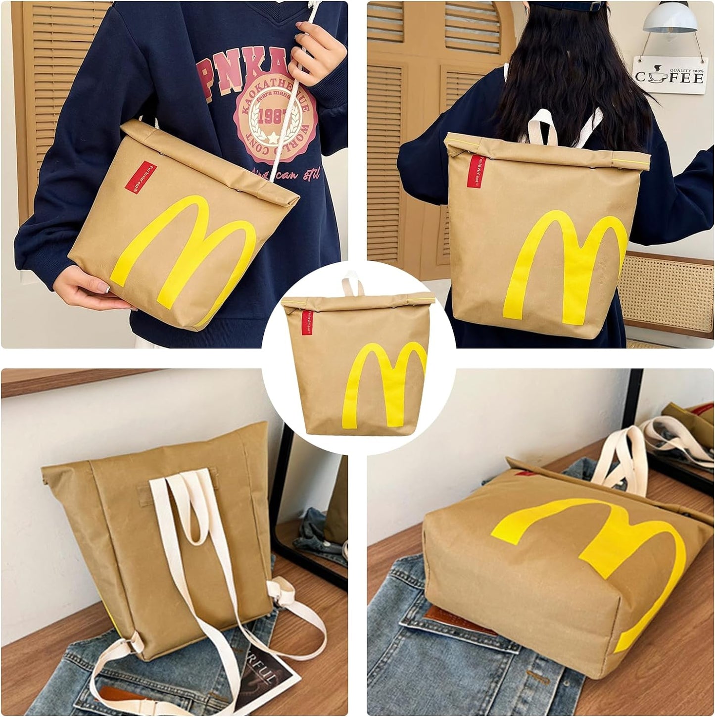 Funny Paper Bag Fashion Large Capacity Backpack Cute Personalized Shoulder Crossbody Bag Casual Canvas Notebook Bag Gift for Girl Women Frends