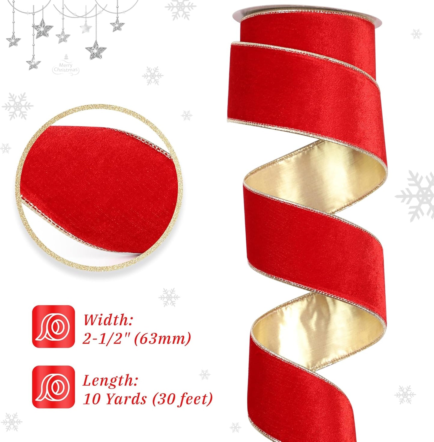 Red Velvet Ribbon Wired 1.5" X 10 Yards Red Christmas Wired Ribbon with Gold Backside, Red and Gold Christmas Ribbon for Tree Decorations, Wreaths, Crafts, Home Decor, Gift Wrapping