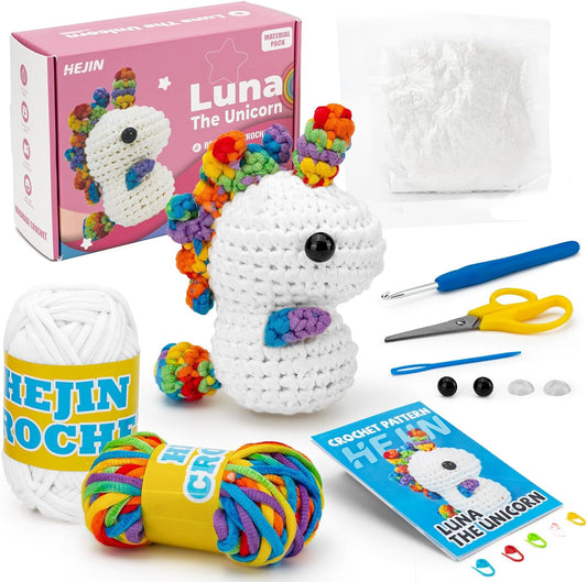 Crochet Kit for Beginners, Unicorn Crochet Kits for Kids and Adults Include Rainbow Yarn, Videos Tutorials, Eyes, and Crochet Hook - Crochet Animal Kit, Beginner Crochet Kit - Gift for Birthdays