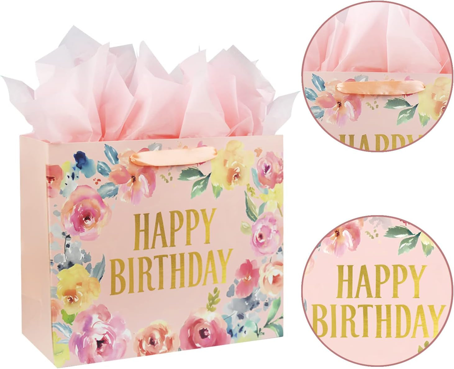 13" Large Happy Birthday Gift Bag with Card and Tissue Papers for Women Girls Floral Design with Handles