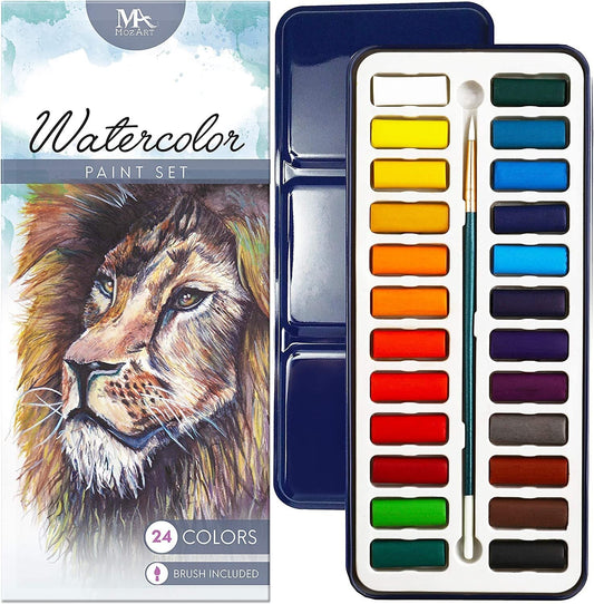 Watercolor Paint Essential Set - 24 Vibrant Colors - Lightweight and Portable - Perfect for Budding Hobbyists and Professional Artists - Water Colors Paint Adult Set with Paintbrush