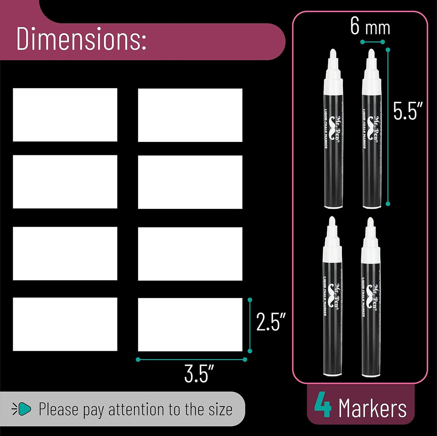 - White Chalk Markers, 4 Pack, Dual Tip, 8 Assorted Colors, for Non-Porous Surfaces, Reversible Chisel and Bullet Tip