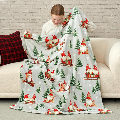 Gnome Throw Blanket Christmas Blanket Warm Plush Throw Blanket, Ultra Soft Cozy Throw Blanket for Couch, Sofa and Bed (Xmas Gnome in Sleigh, 50" X 60")