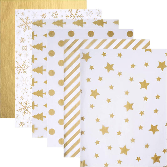 102 Sheets Gold Tissue Paper Gift Wrap Bulk, 19.5" X 13.6" Christmas Tissue Paper for Wrapping, 6 Assorted Designs Golden Stars Snow Dots for Christmas Gift Bags, DIY and Craft