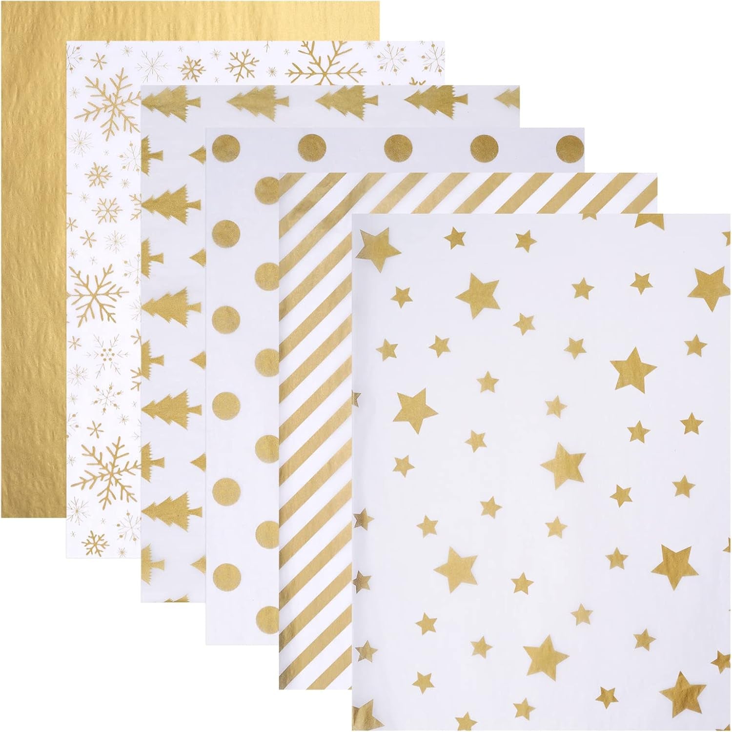 102 Sheets Tissue Paper Gift Wrap Bulk, 19.5" X 13.6" Christmas Tissue Paper for Wrapping, 6 Assorted Designs Golden Stars Snow Dots for Christmas Gift Bags, DIY and Craft (Blackgold)