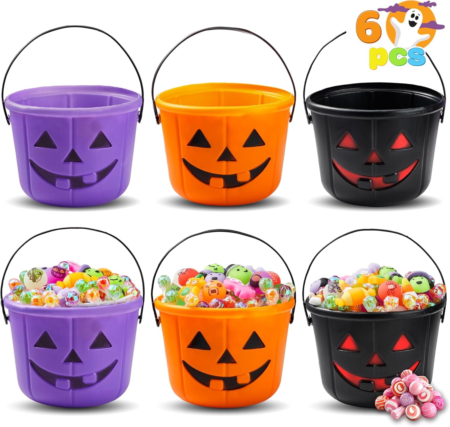 Halloween Trick or Treat Pumpkin Bucket, Orange Plastic Candy Bucket for Trick or Treating, Black Purple Jack O Lantern Basket and Pails with Handle for Kids Halloween Party Favor Supplies