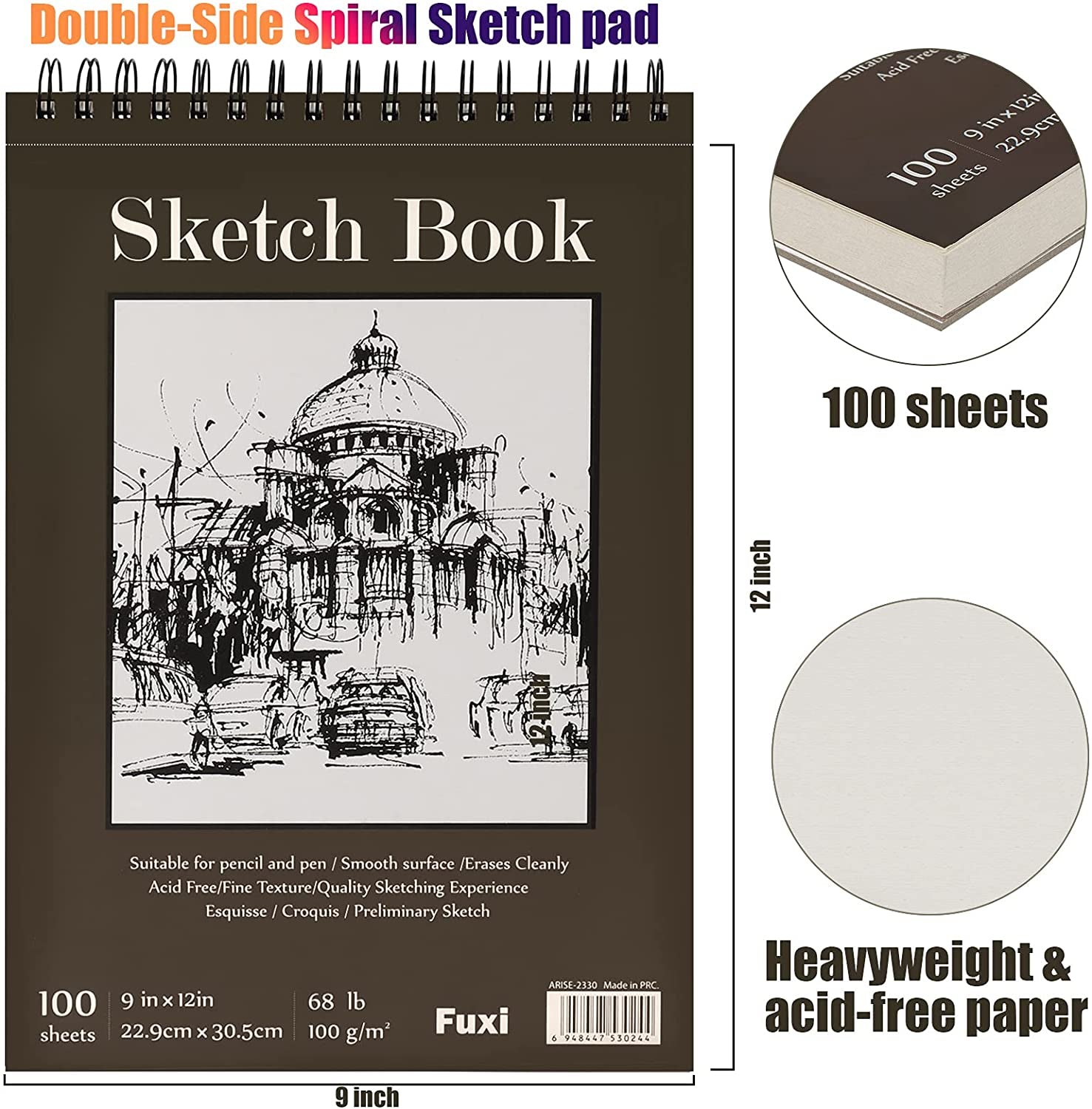 9 X 12 Inches Sketch Book, Top Spiral Bound Sketch Pad, 1 Pack 100-Sheets (68Lb/100Gsm), Acid Free Art Sketchbook Artistic Drawing Painting Writing Paper for Kids Adults Beginners Artists