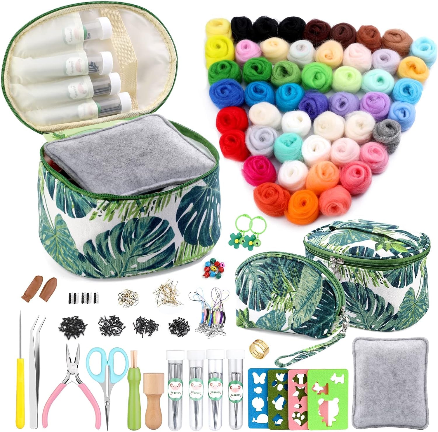 Needle Felting Kit, Needle Felting Starter Kit with Exquisite Green Storage Bag, Wool Roving 18 Colors Set, Needle Wool Felting Tools Kit, Wool Felt Tools for Felted Animal Needle Felting Supplies