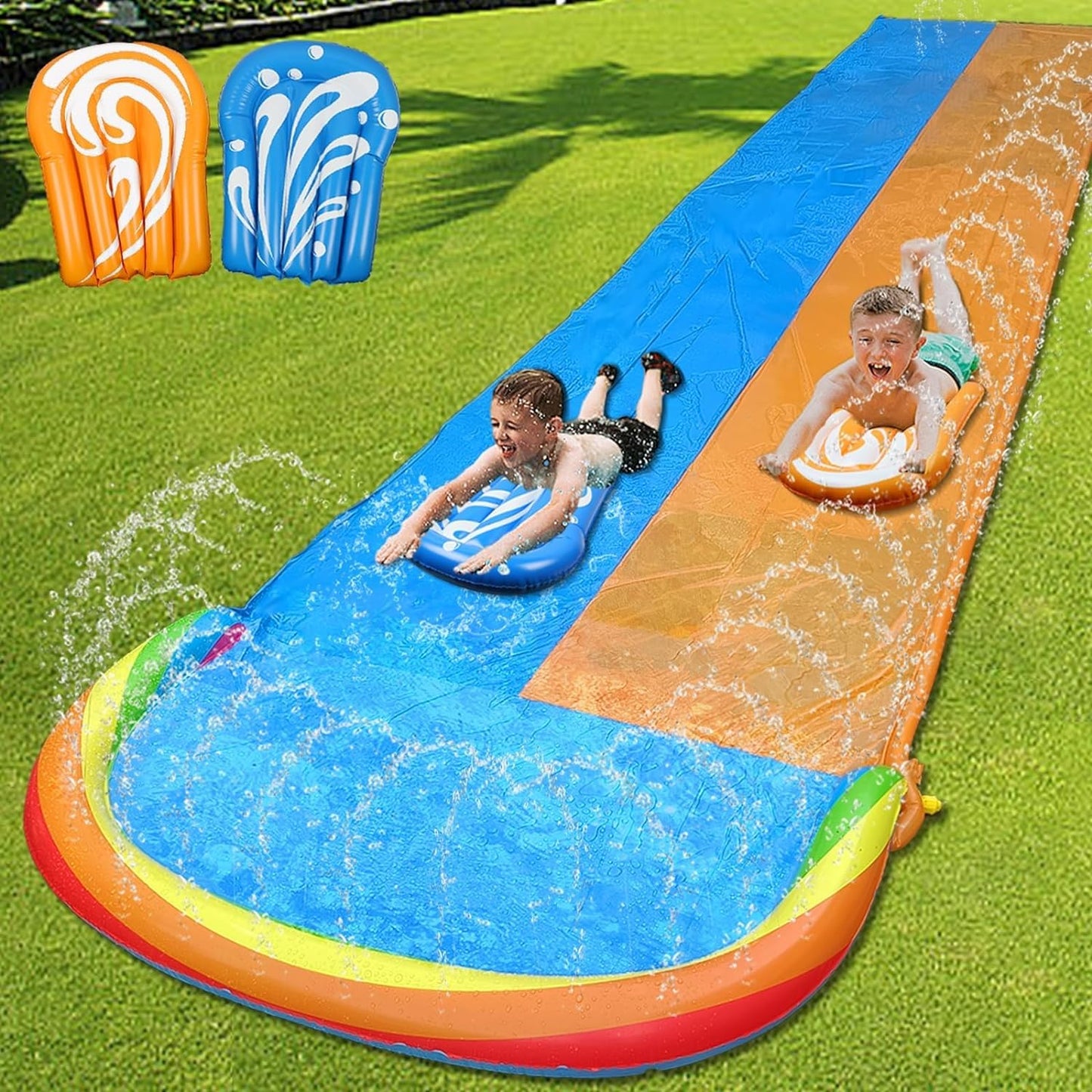 Slip Water Slide with Sprinklers, 22.5Ft Slip and Slide with 3 Inflatable Bodyboards and Splash Pool Waterslide for Kids Backyard Lawn Outdoor Water Toy