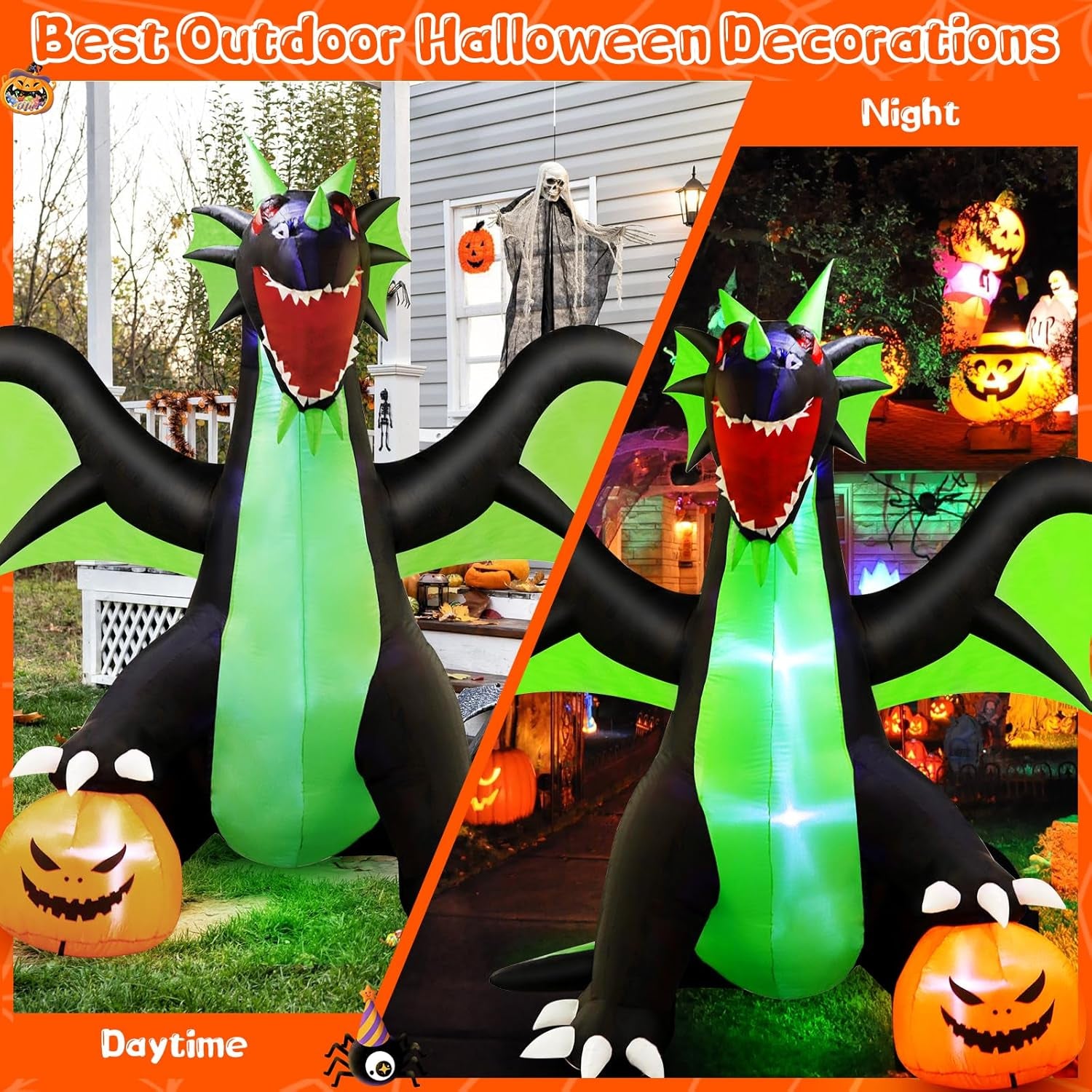 Halloween Inflatable Dragon Outdoor Decorations : 9FT Large Blow up Yard Dragon with Pumpkin and LED Lights for Halloween Fun Holiday Party Garden Lawn Decoration