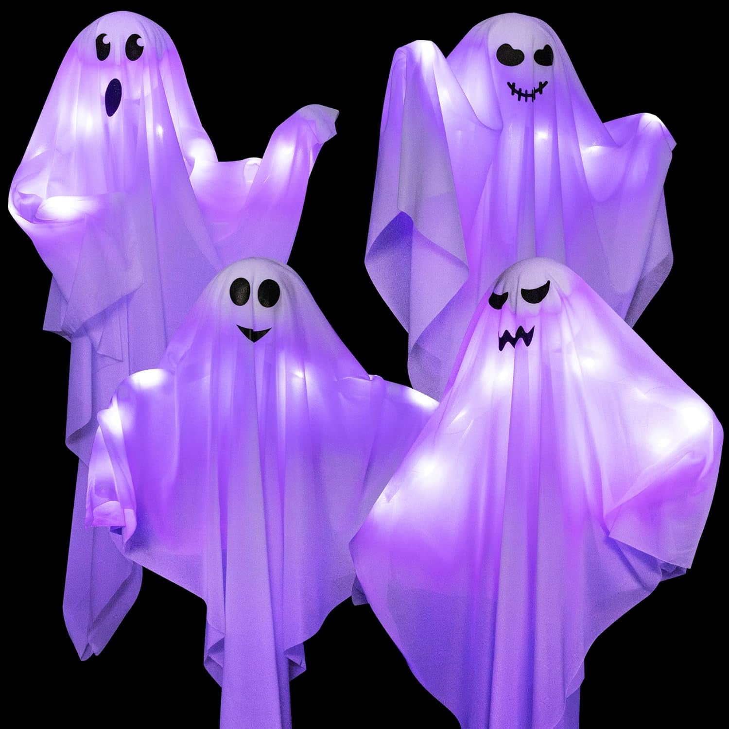 4 Pack Halloween Hanging Ghosts, 27.5 Inch with Light up Ghost Kit for Indoor outside Ornaments, Spooky Yard Tree Halloween Decorations Outdoor, Party Décor