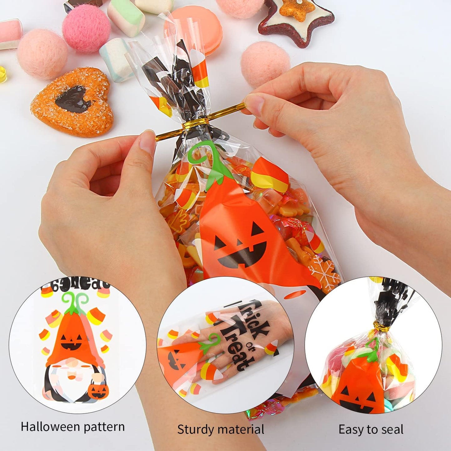 120PCS Halloween Cellophane Treat Bags,Halloween Clear Cellophane Trick or Treat Candy Gift Cookie Bags with Twists for Halloween Party Favors Supplies