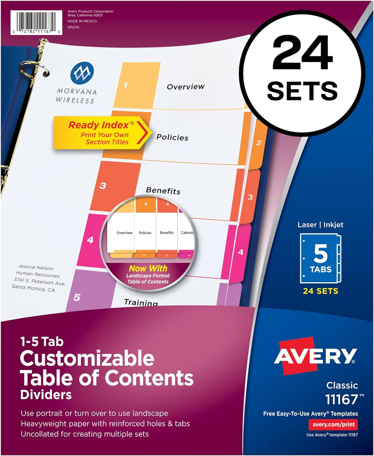12 Tab Dividers for 3 Ring Binders, Customizable Table of Contents, Multicolor Tabs, 6 Sets (11196)