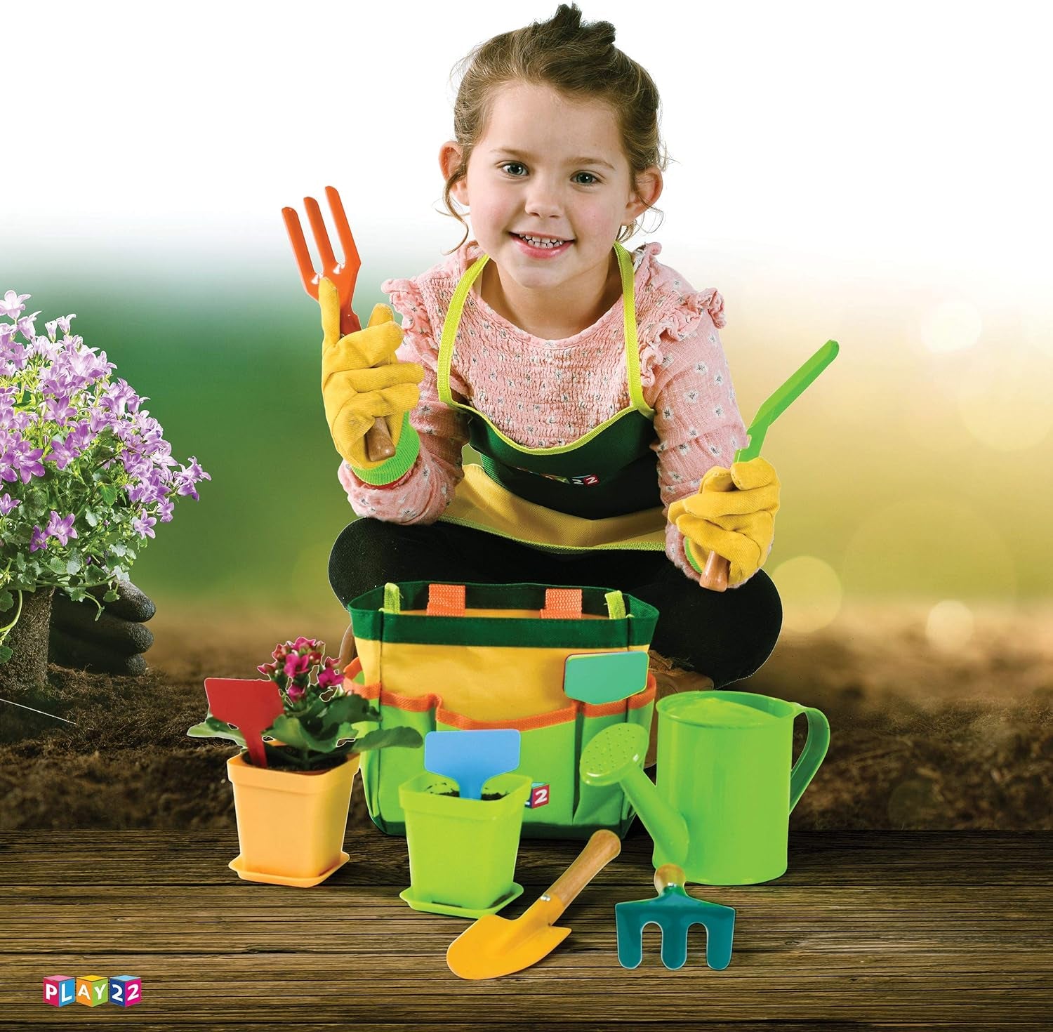 Kids Gardening Tool Set 12 PCS - Kids Gardening Tools Shovel Rake Fork Trowel Apron Gloves Watering Can and Tote Bag, Toddler Gardening Tools for Kids Best Outdoor Toys Gift for Boys and Girls