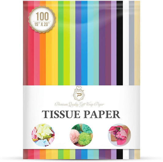 Tissue Paper for Gift Wrapping (100 Sheets) 20 Assorted Colors, Gift Bags, Packaging, Floral, Birthday, Holidays, Christmas, Halloween, and DIY Crafts