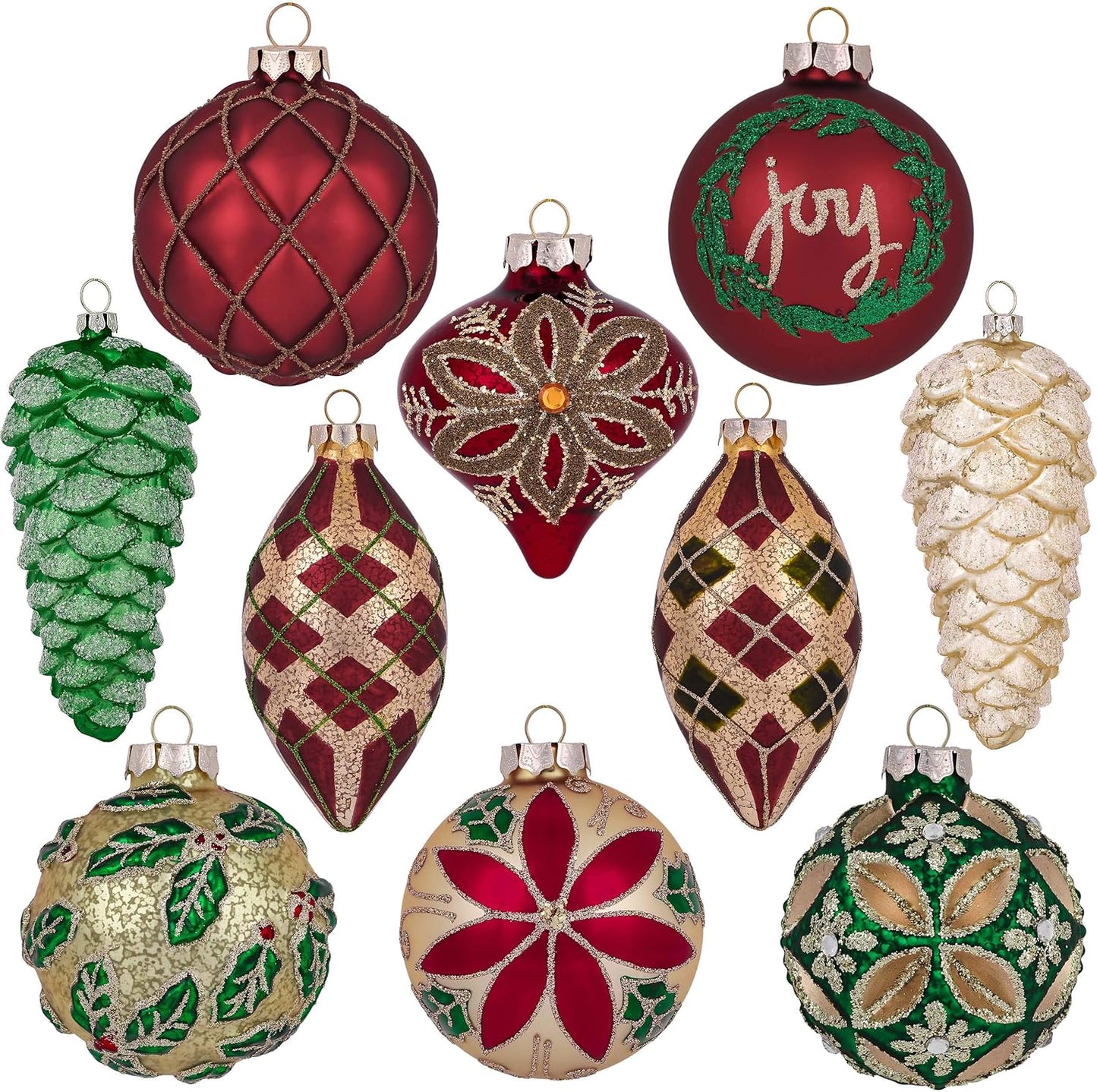 Glass Christmas Ornaments Set, 10Ct Red Green and Gold Mercury Blown Glass Christmas Tree Ball Decorations, Traditional Country Xmas Hanging Teardrop Finial Bulk for Holiday Decor